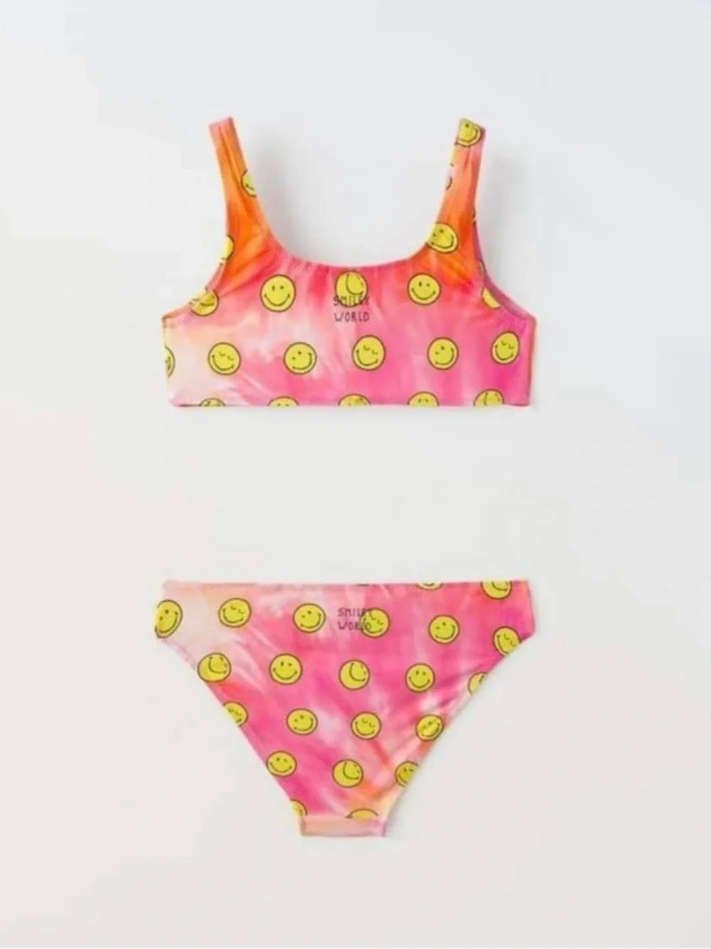 New ZARA Kids Girls Pink Orange Smiley Tie-Dye 2 Piece Swimsuit Bikini